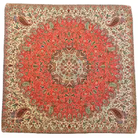 رومیزی مربع ترمه ابریشم کد TRM214 نفیس رنگ قرمز کمرنگ مات آستر زرشکی لبه مغزی دوزی