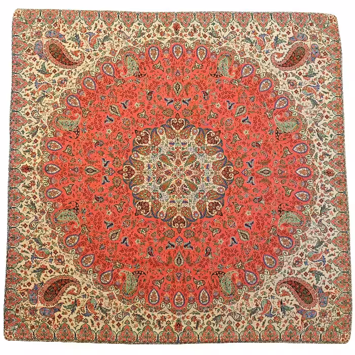 رومیزی مربع ترمه ابریشم کد TRM214 نفیس رنگ قرمز کمرنگ مات آستر زرشکی لبه مغزی دوزی