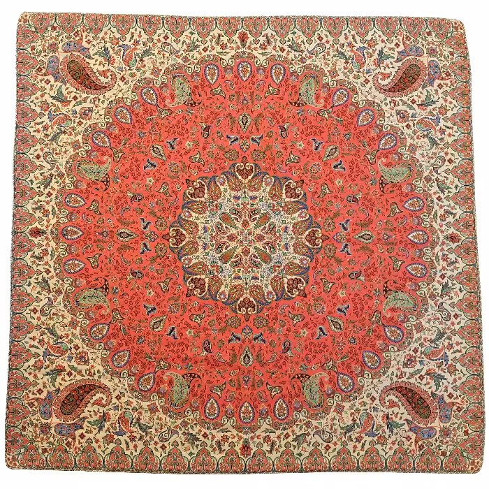 رومیزی مربع ترمه ابریشم کد TRM214 نفیس رنگ قرمز کمرنگ مات آستر زرشکی لبه مغزی دوزی
