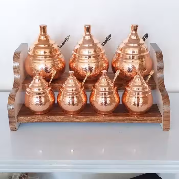 جا ادویه،پاسماوری  مسی 7 تایی   دو طبقه با استند چوبی و با قاشق مخصوص،ارسال رایگان 