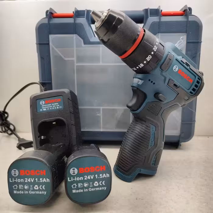 پیچگوشتی شارژی چکشی 24 ولت بوش bosch براشلس دو باطری دریل شارژی سه کاره بوش همراه لوازم دریل شارژی 24 ولت براشلس بوش