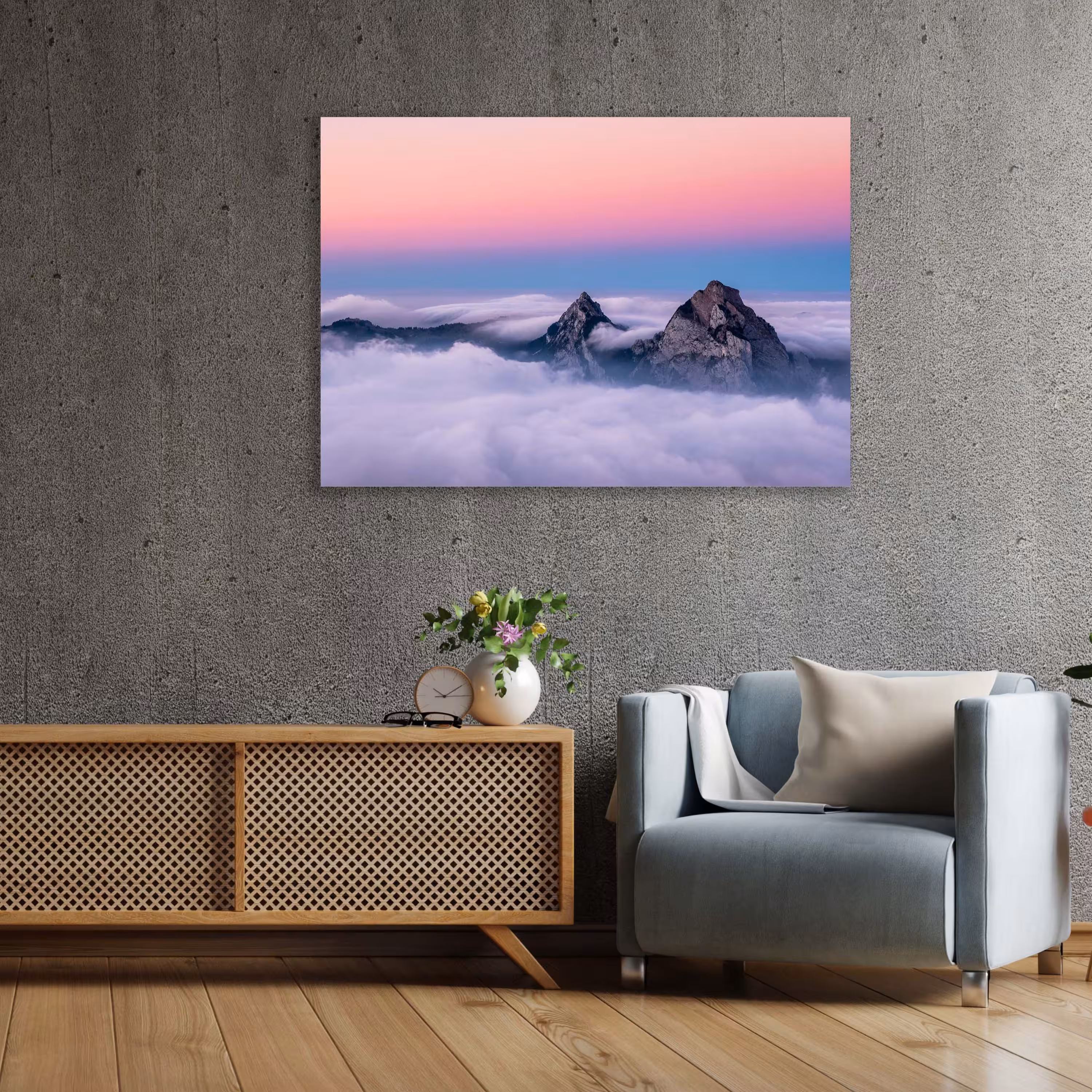 تابلو شاسی طرح کوهستان در مه سایز 50 در 70 سانتیمتر و سایزهای دیگر