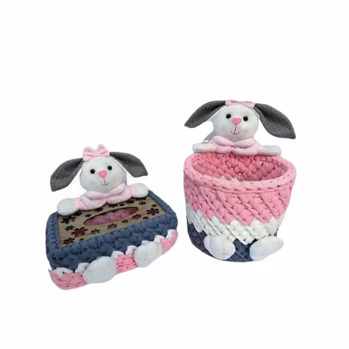 سبد قلاب بافی تریکو طرح خرگوش کد 001 مجموعه 2 عددی