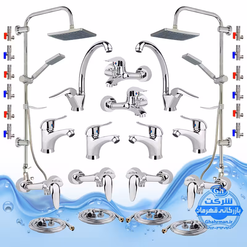 ست 30 عددی شیرآلات برند آیدا صنعت مدل قهرمان اردکی | سه عدد شیر ظرفشویی   سه عدد شیر روشویی   سه عدد شیر حمام   سه عدد شیر توالت   سه عدد علم دوش یونیورست مدل رسوب‌گیر   سه عدد شلنگ توالت   سه عدد شلنگ استیل   دوازده عدد شیر پیسوار | کروم براق