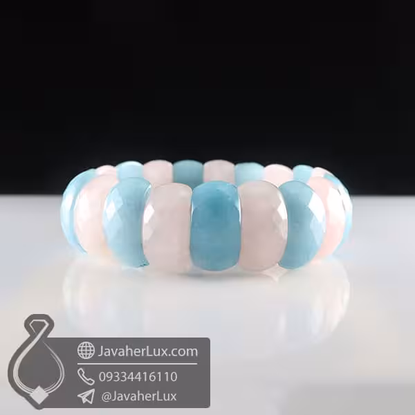 دستبند سنگ آکوامارین و رز کوارتز _ کد : 400801