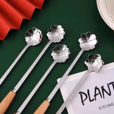 قاشق شربت دسته چوبی گل (سیلور)