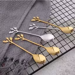 قاشق دسر خوری برگی استیل رنگ ثابت در دو رنگ طلایی و نقره ای
