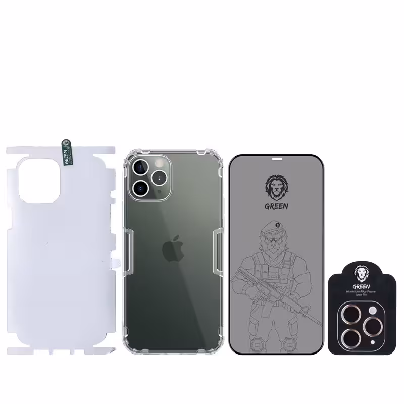 محافظ صفحه نمایش حریم شخصی گرین مدل 4in1-Privacy مناسب برای گوشی موبایل اپل iPhone 12 Pro max به همراه محافظ پشت گوشی و محافظ لنز دوربین و کاور