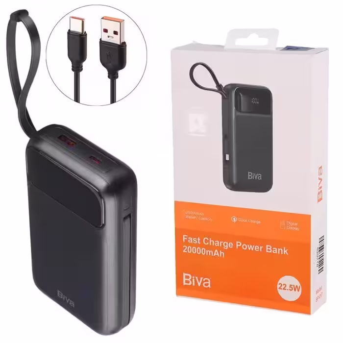 پاوربانک 20000 بیوا Biva BP-017 توان 22.5 وات همراه کابل متصل
