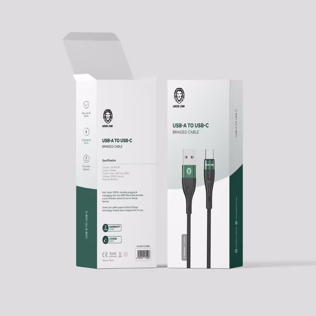 کابل کنفی USB-A به تایپ سی گرین Green braided cable usb-a to usb-c