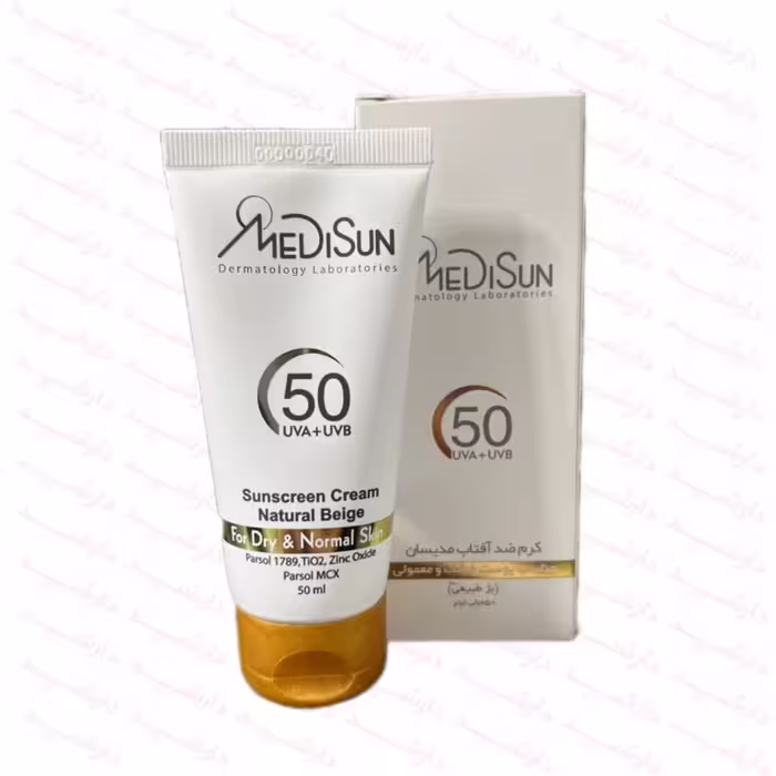 کرم ضد آفتاب رنگی مدیسان، SPF50، مناسب پوست معمولی و خشک، حجم 50 میلی لیتر