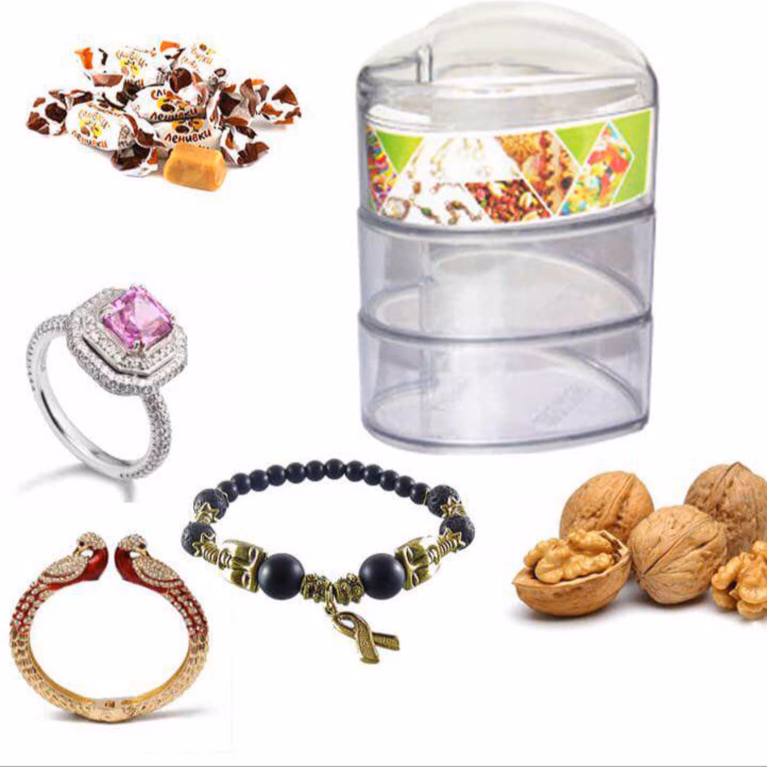 ظرف تنقلات و شکلات و بدلیجات و سه طبقه قلب آکرولیک  دارای درب برای طبقه آخر و یا دیگر طبقات   هر طبقه به عنوان درب