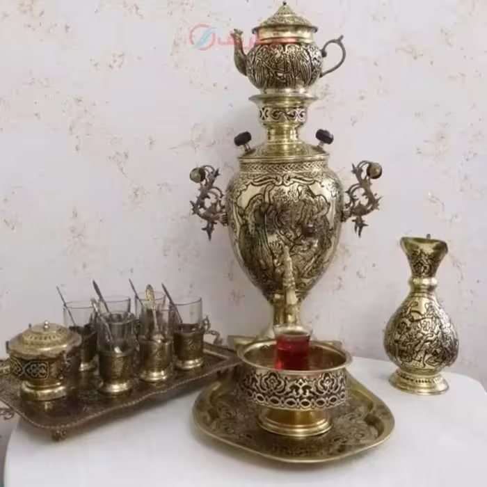 سرویس سماور برنجی قلمزنی زغالی 5 لیتری، مدل آناناسی دسته توری