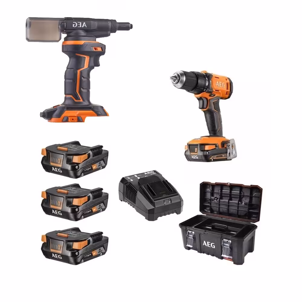 کیت دریل چکشی 18 ولت شارژی به همراه پرچ کن 18 ولت شارژی AEG مدل BSB18G4-203TB LK3  BNZ18-0