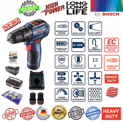 پیچ گوشتی شارژِی چکشی بوش مدل GSB 12 V 30 Professional مجموعه 8 عددی