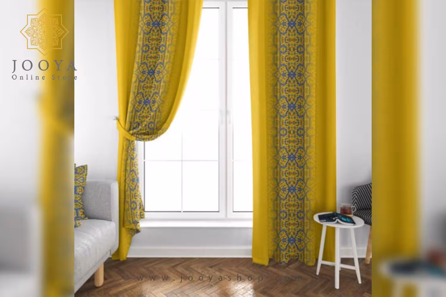 پرده مخمل شاخه فرش کاشی زرد