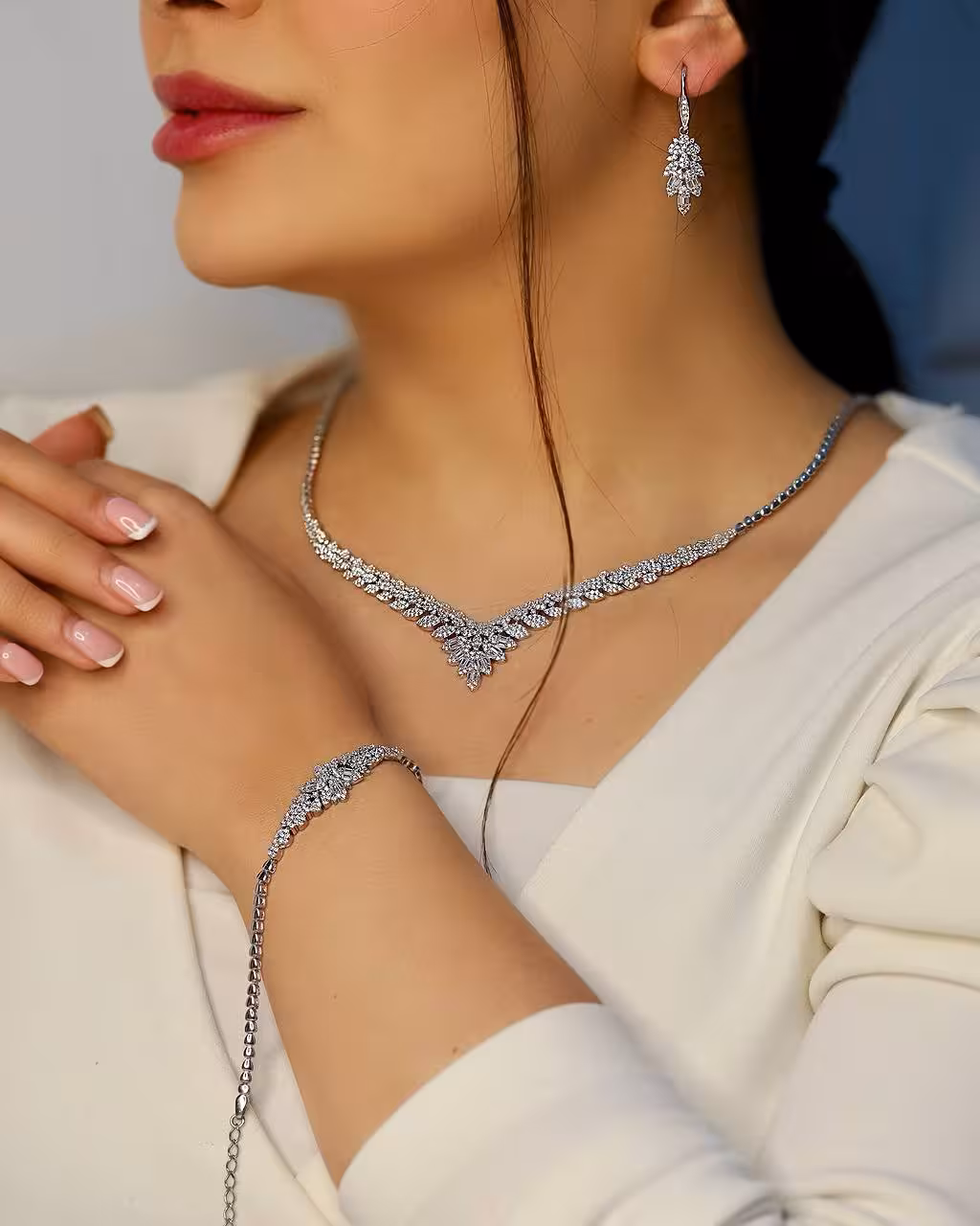 سرویس مجلل نقره جواهری زنانه کد 60456