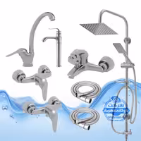 ست 8 عددی شیرآلات برند آیدا صنعت مدل قهرمان اردکی | شیر ظرفشویی   روشویی پایه‌بلند   حمام   دو عدد توالت   علم دوش یونیورست صفحه استیل   دو شلنگ توالت | کروم مات