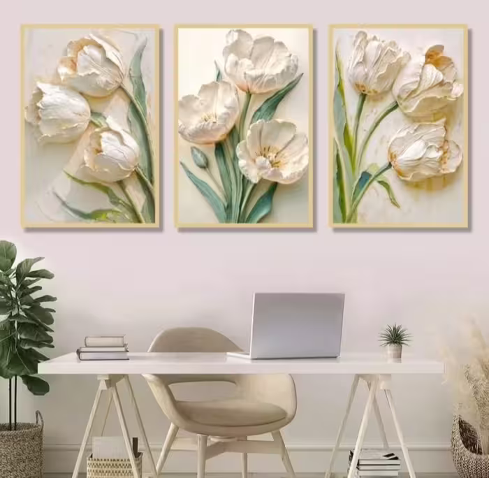 تابلو دکوراتیو نقش برجسته سه تیکه گل لاله کاردست ابعاد 210*100 کد 501 همراه قاب