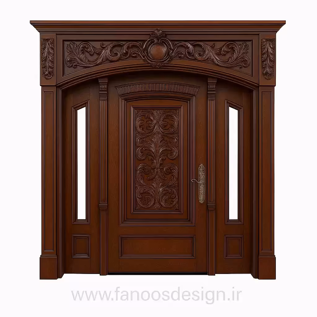 درب ورودی چوبی کلاسیک منبت‌کاری‌شده فندقی تیره با تاج برجسته کد 30210