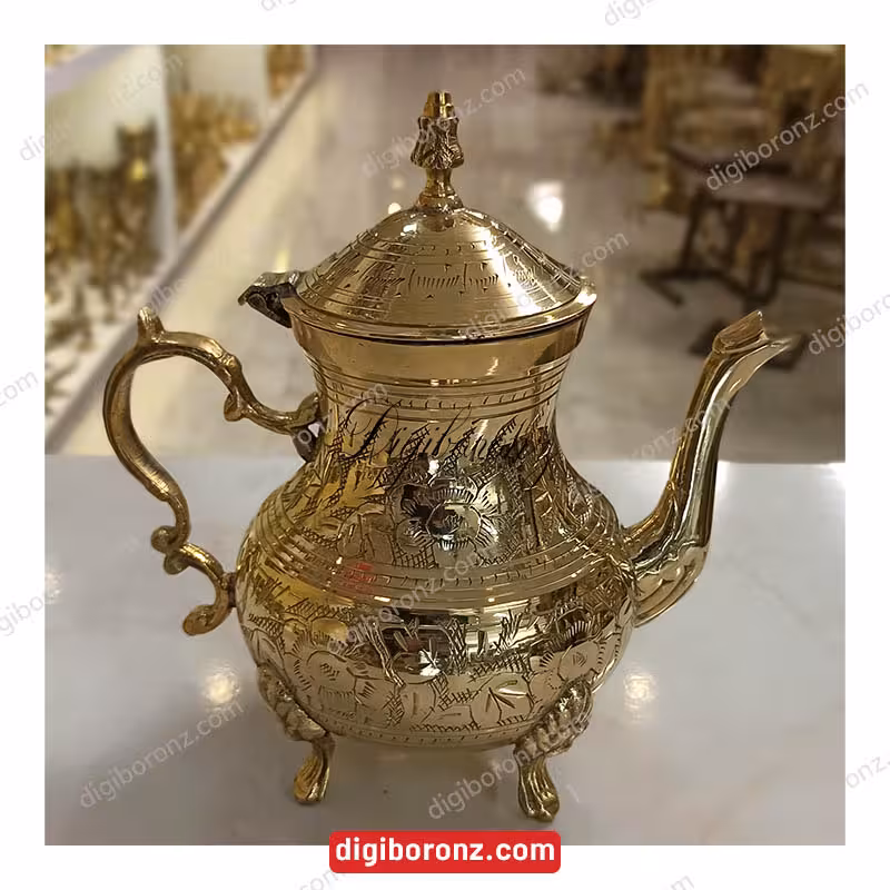 قوری برنجی برنزی قلم دست 4 پایه طرح گل 600 سی سی