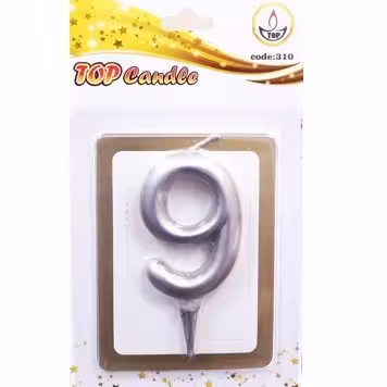 شمع تولد عدد 9 متالیک تاپ نقره ای