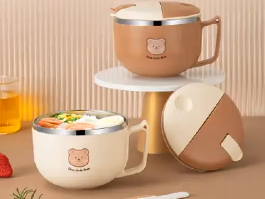 فلاسک و ظرف غذا استیل حجم 900 میلی لیتر دسته دار به همراه قاشق خرس تدی