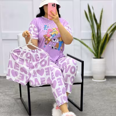 سه تیکه تیشرت وشلوار طرح دار راحتی