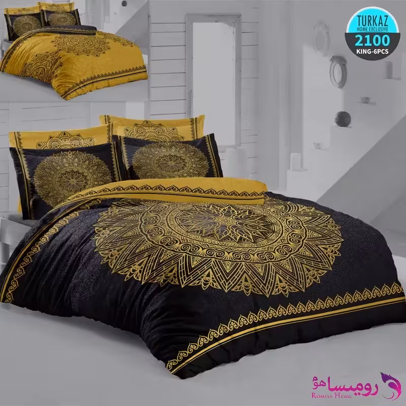 قیمت و خرید روتختی طرح اسلیمی سرمه ای زرد دونفره برند ترکاز کد 2100