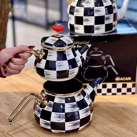 کتری قوری لعابی آجار طرح شطرنجی ACAR-22-0232