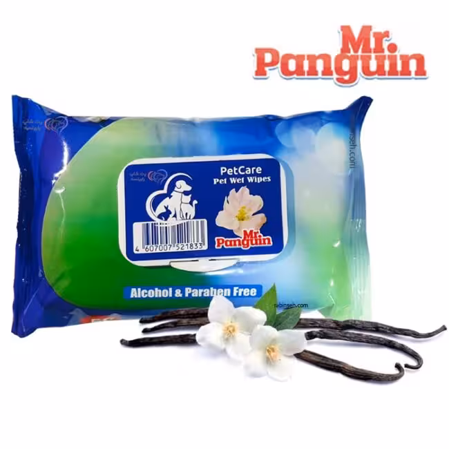 دستمال مرطوب پاکتی برند مستر پنگوئن Mr. Panguin با رایحه وانیل تعداد 50 برگی