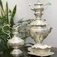 سرویس سماور برنجی 4 لیتری آبکاری نقره، قلمزنی، کریستالی