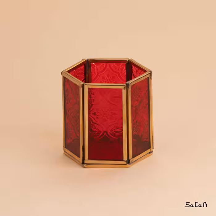 شمعدان برنجی شیشه ای مدل شش ضلعی لیوانی