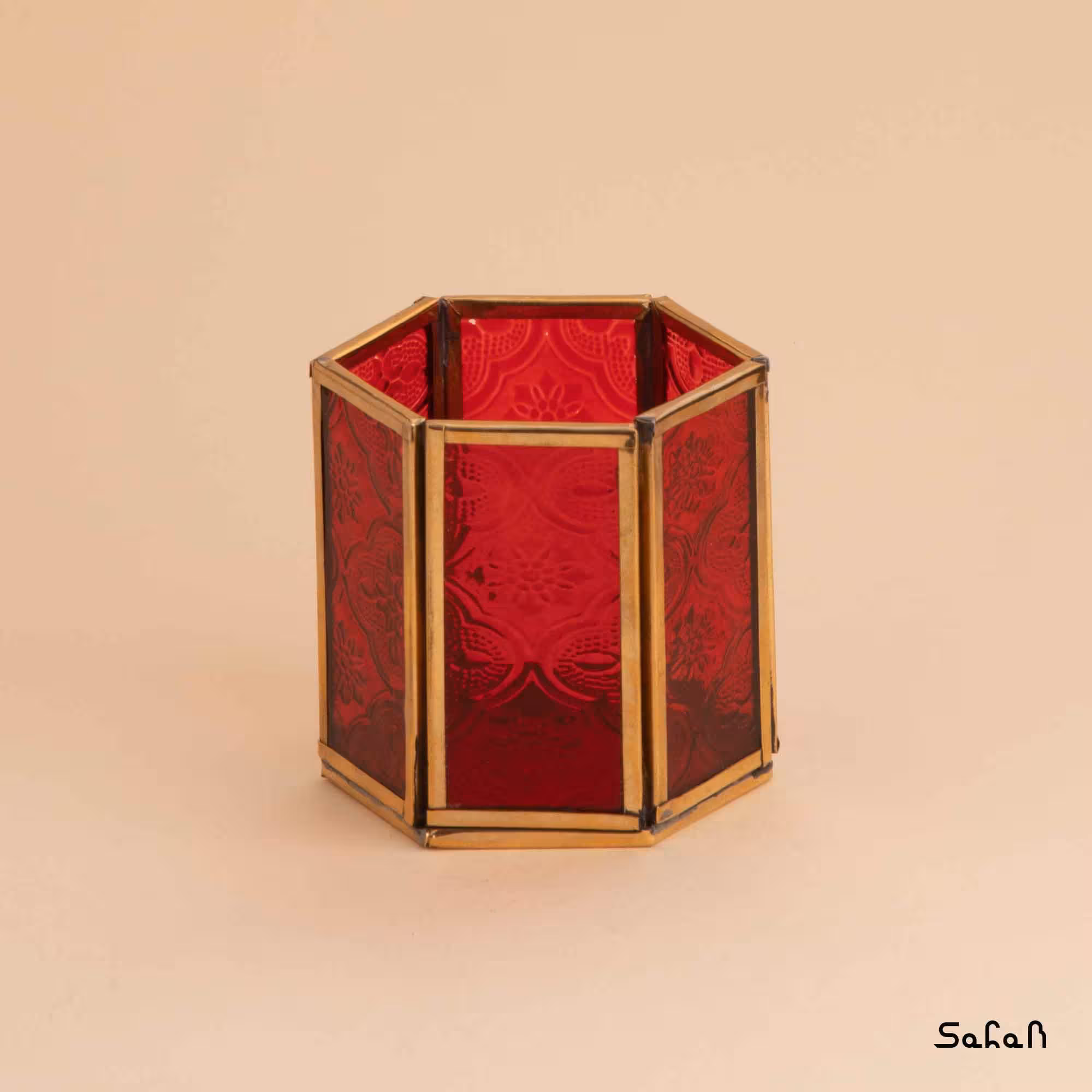 شمعدان برنجی شیشه ای مدل شش ضلعی لیوانی