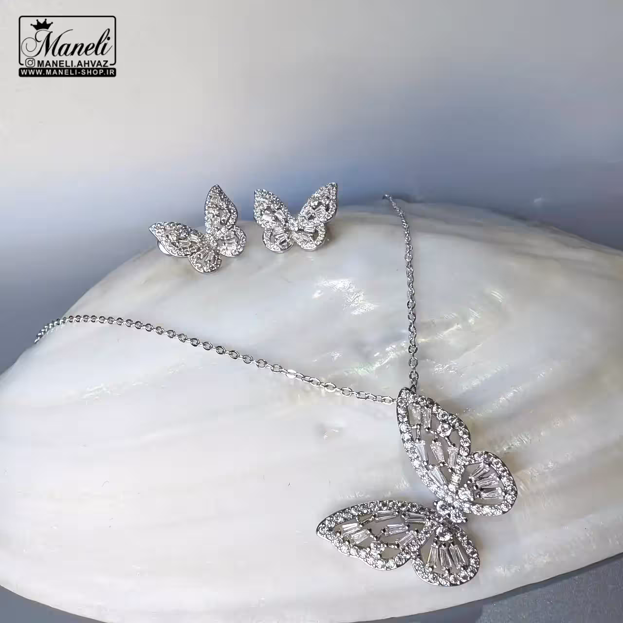 نیم ست پروانه تمام نگین نقره ای |استیل،رنگ ثابت 14031232