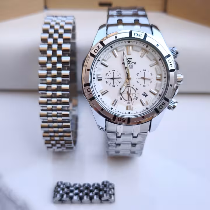 ست ساعت دستبند انگشتر مردانه کاسیو نقره ای استیل