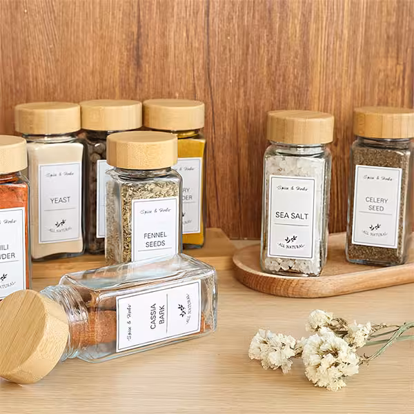 پک جاادویه شیشه ای درب چوبی (چهارگوش با سری ادویه پاش)
