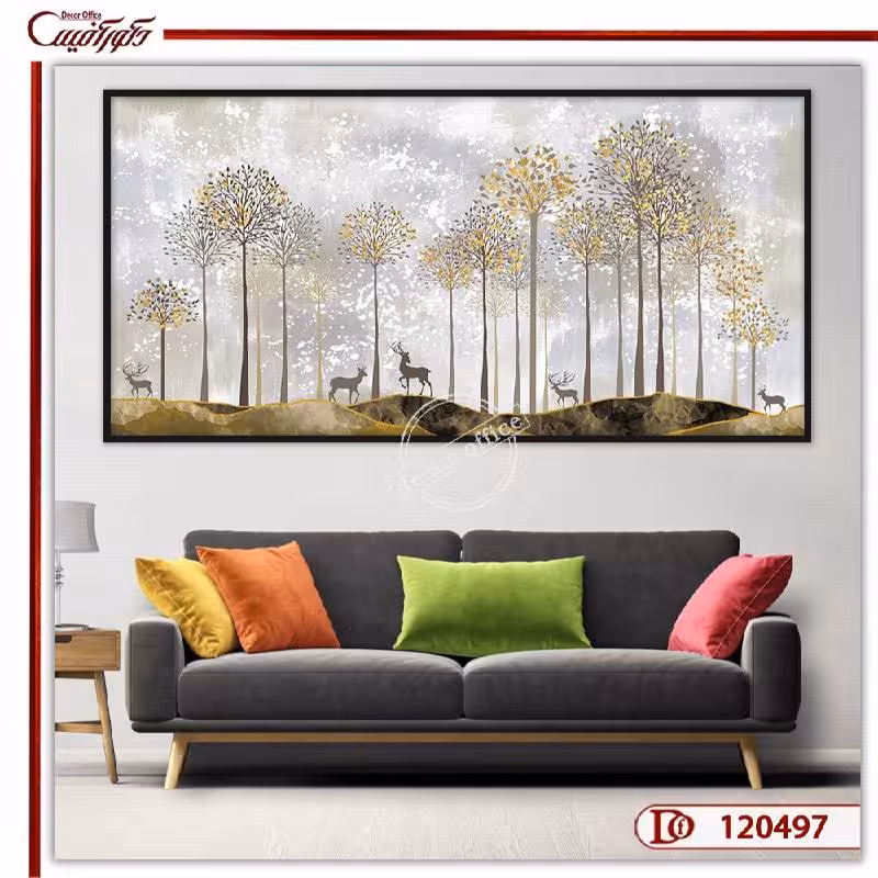 تابلو مدرن طبیعت با طرح گوزن و درختان طلایی E120497