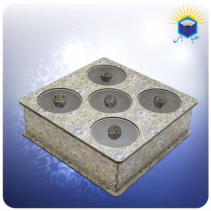 جعبه پذیرایی پنج خانه دایره طرح گل نقره (کد 70187/4)