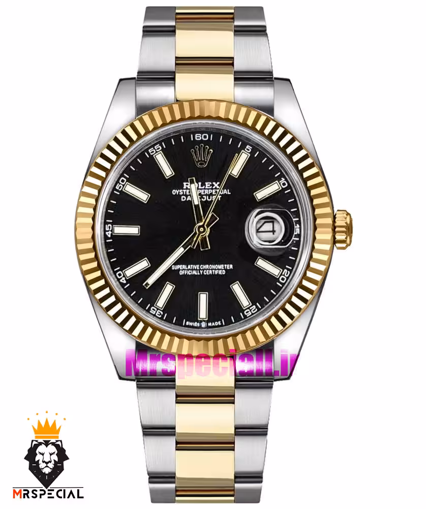 ساعت رولکس مردانه مدل دیت جاست اتوماتیک دورنگ طلایی صفحه مشکی 5933 ROLEX DATEJUST