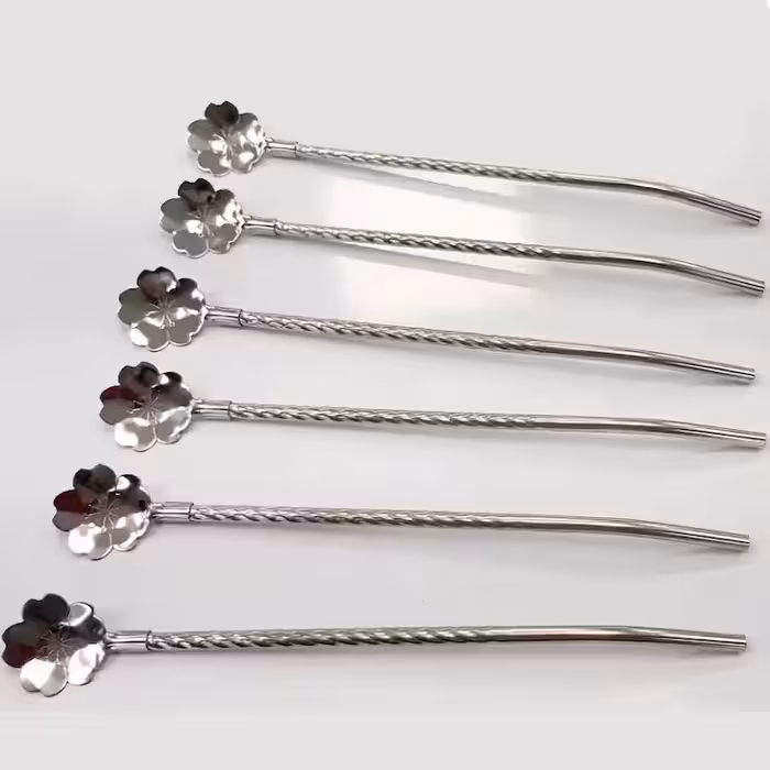 نی شربت خوری قاشق دار استیل طرح گل یونیک 6 عددی