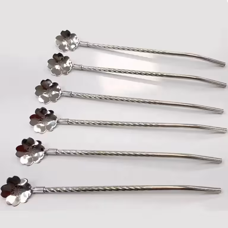 نی شربت خوری قاشق دار استیل طرح گل یونیک 6 عددی