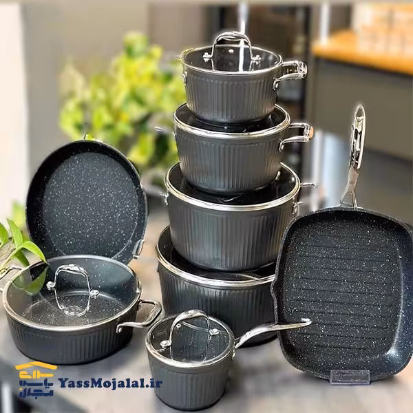 سرویس قابلمه 14 پارچه طرح آلما دسته استیل