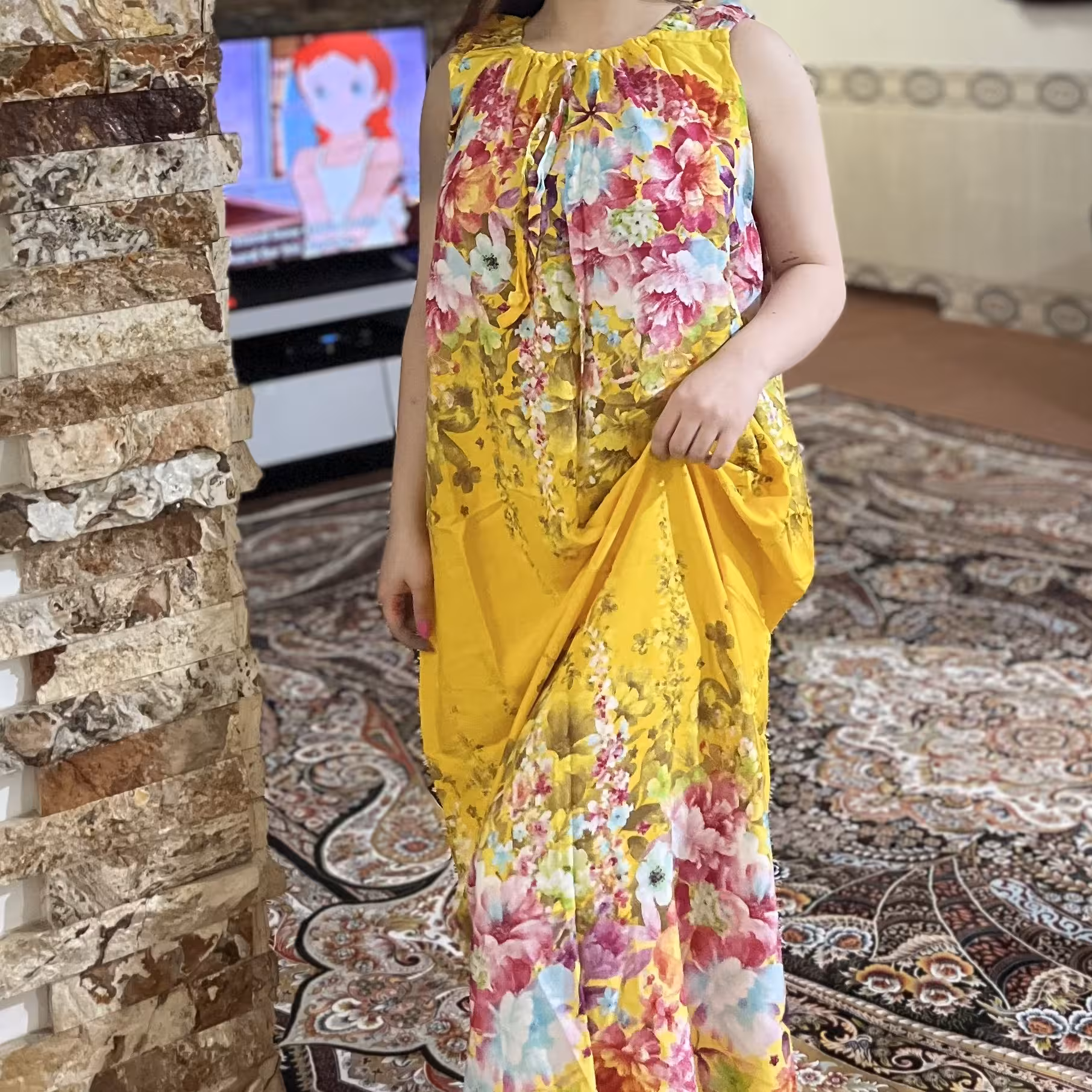 سارافون نخی گلدار مدل حاشیه دار ( پیراهن نخی بلند، سارافون ماکسی، سرافون راحت، سارافون بلند)