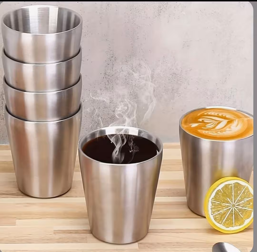 لیوان استیل نقره‌ای دوجداره 350 میل – ست 5 عددی