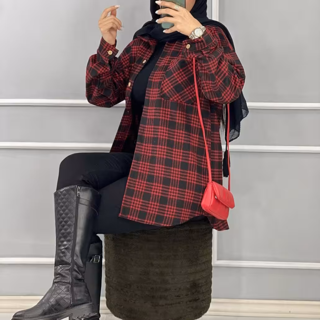 شکت چهارخونه زنانه قد 80 جلو بسته دکمه دار ارسال رایگان تت