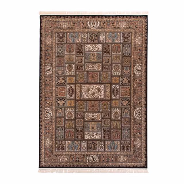 فرش ماشینی دنیای فرش طرح خشتی شکارگاه رنگ زمینه سرمه ای