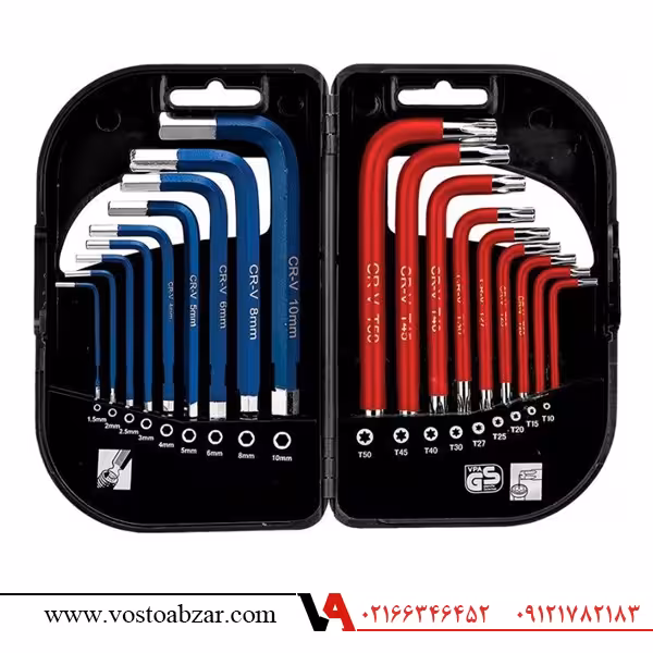 ست 18 عددی آچار آلن و ستاره ای روکشدار دسته کوتاه هیوندای مدل HT185