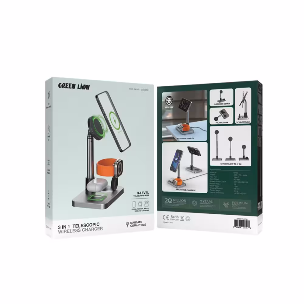 استند شارژر بی سیم چند منظوره 3 در 1 گرین لاین مدل  GN3N1TLWCSL ا Green Lion GN3N1TLWCSL 3-in-1 Telescopic Wireless Charger