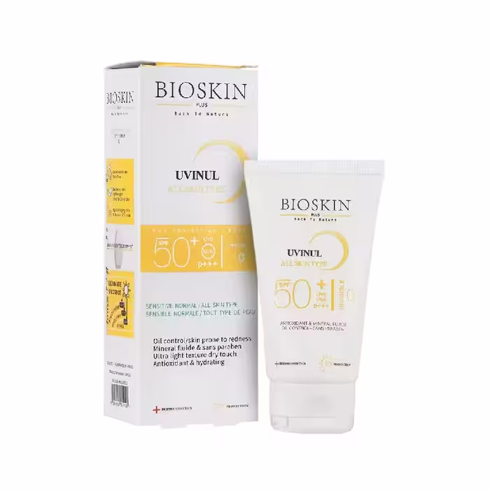 خرید کرم ضد آفتاب بی رنگ spf50 بایو اسکین 40 میلی لیتر  مناسب انواع پوست